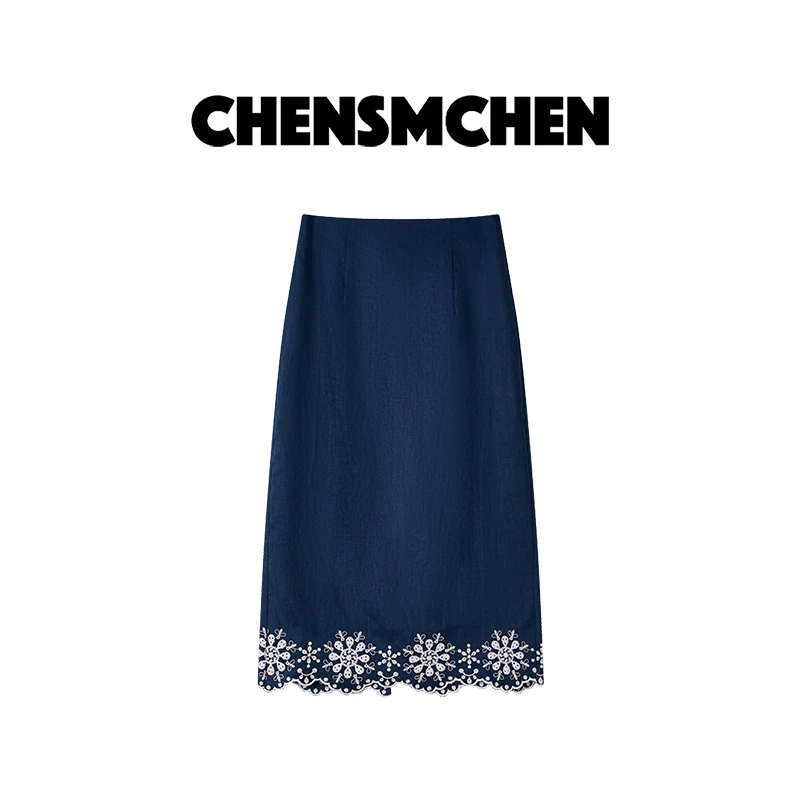 CHENSMCHEN 100%亚麻简约休闲百搭半身裙女经典时尚裙子CSQ4025MN