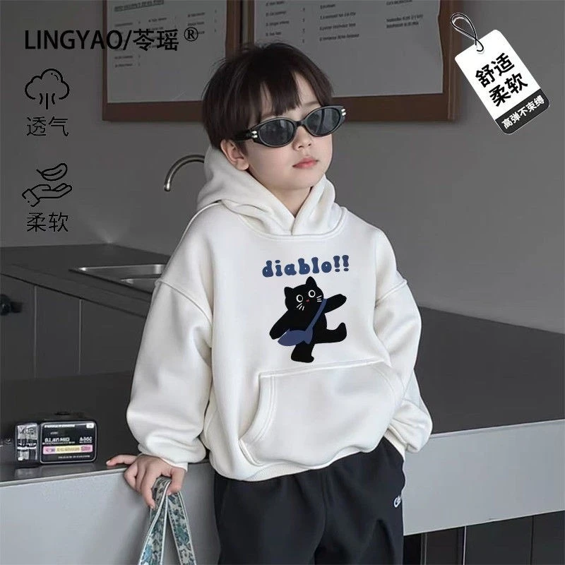 2025秋冬季连帽加绒童装卫衣男童女童宝宝小猫印花爆款上衣外套