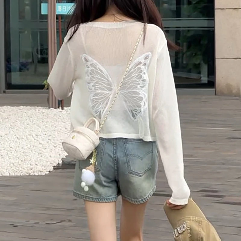 7273 GY小心机蝴蝶镂空长袖防晒衫2025新款薄款显瘦外套休闲上衣