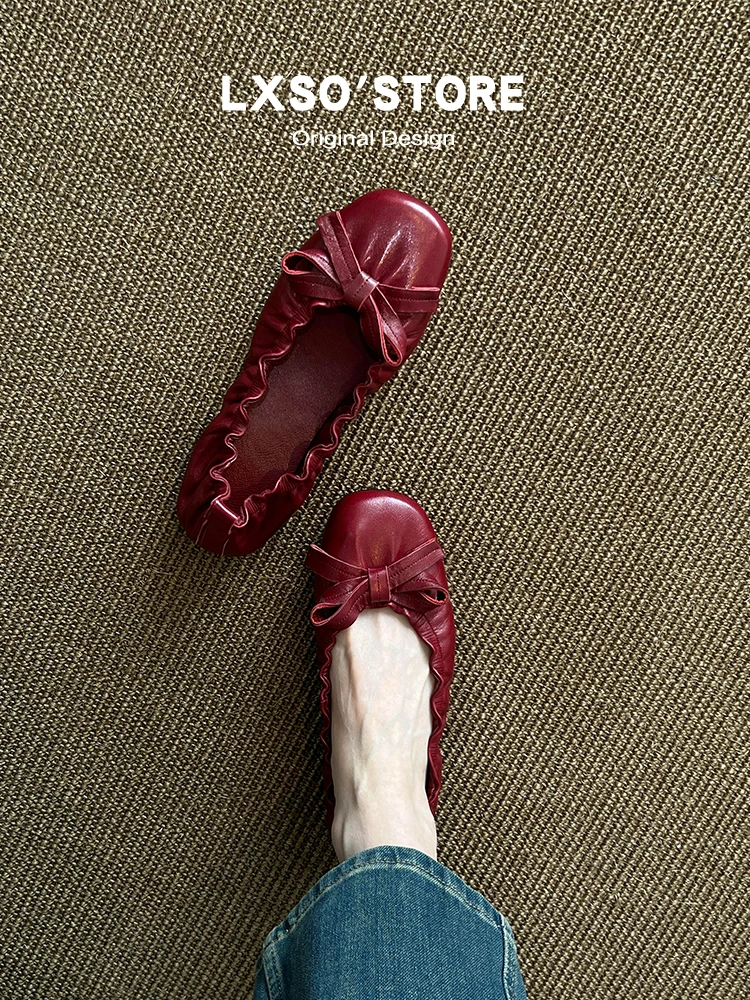 羊皮版~复古褶皱蝴蝶结平底芭蕾舞鞋通勤百搭一脚蹬浅口单鞋女