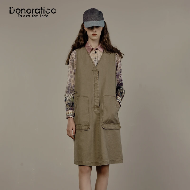 达衣岩复古简约2025春新品休闲风棉质净色斜纹A型牛仔连衣裙女