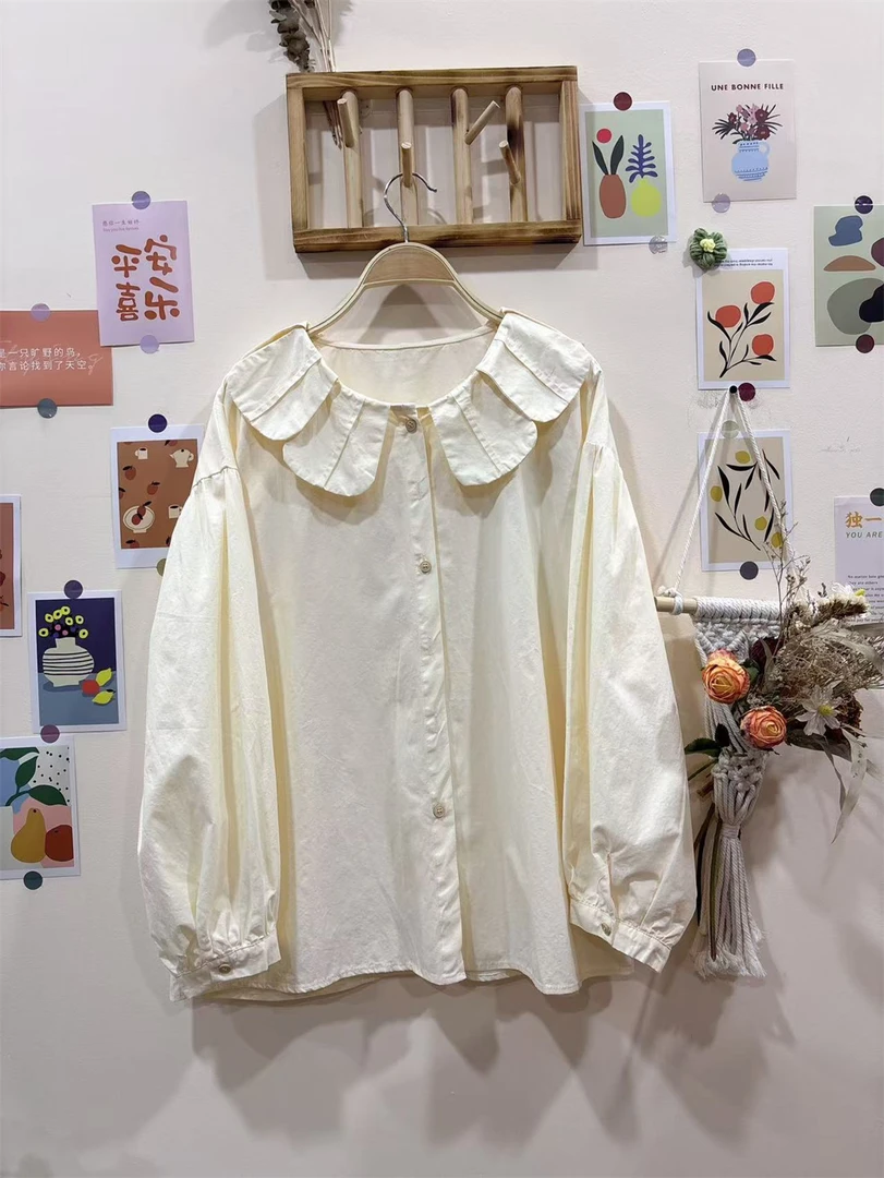 《米粒》99080森系小清新圆领宽松百搭开襟衬衫
