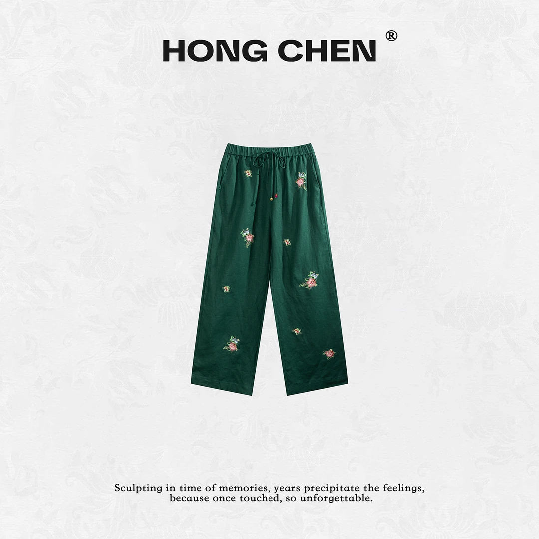 【虹辰】高端时尚进口亚麻牡丹春藤绣花裤百搭高级感休闲裤--HC2553