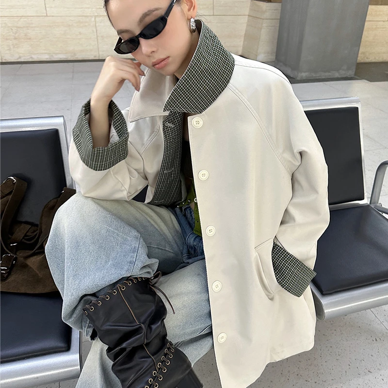 【YU】时髦街头工装风设计感袖口撞色格子拼接中长风衣外套痞帅潮流