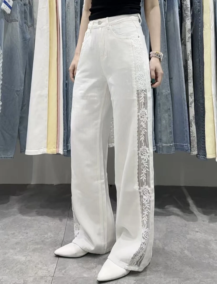 【娟子】蕾丝拼接白色拖地直简裤