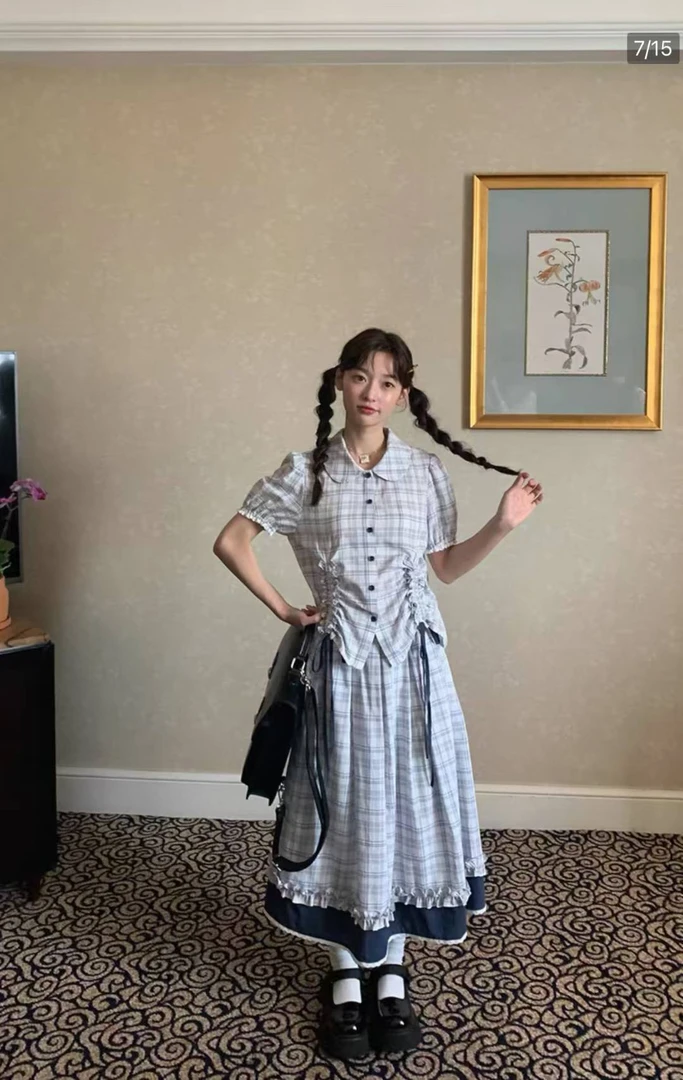 大码胖MM法式复古格纹短袖衬衫搭配a字半身裙森系风格女装