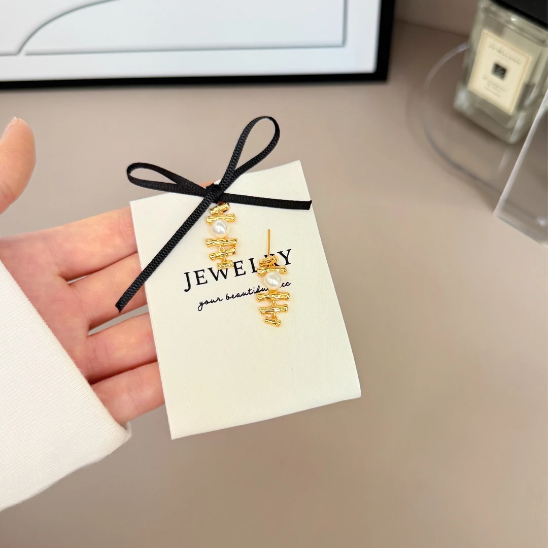 925银仿珍珠耳饰 复古金色竹节珍珠网红耳环气质时尚百搭精致