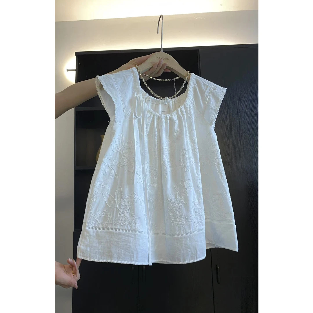 璎婲sᴀᴋᴜʀᴀ【绣棉晴夏】岚韩版大圆领抽绳甜美重工刺绣气质飞袖衬衫