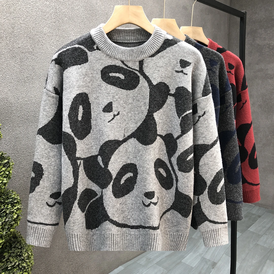 国潮大熊猫保暖软糯圆领毛衣男士秋冬新款宽松休闲针织打底衫时尚