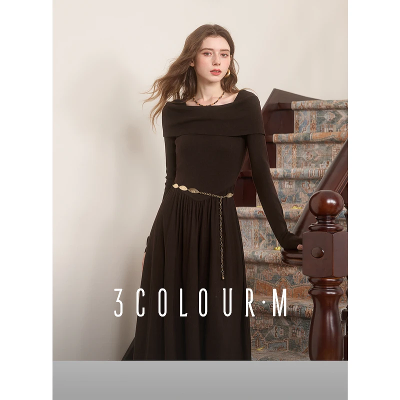 【清仓】三彩一字领收腰A字裙羊毛针织长裙长袖连衣裙内搭女M