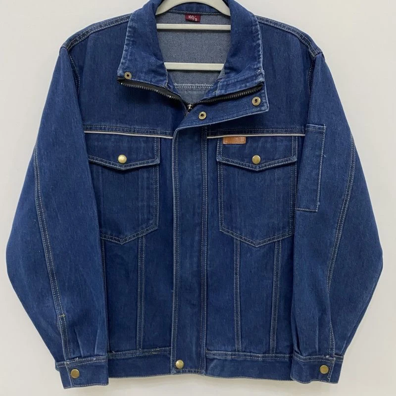 纯棉牛仔正规立领工作服上衣电焊二保焊焊工耐烫劳保服男装蓝色
