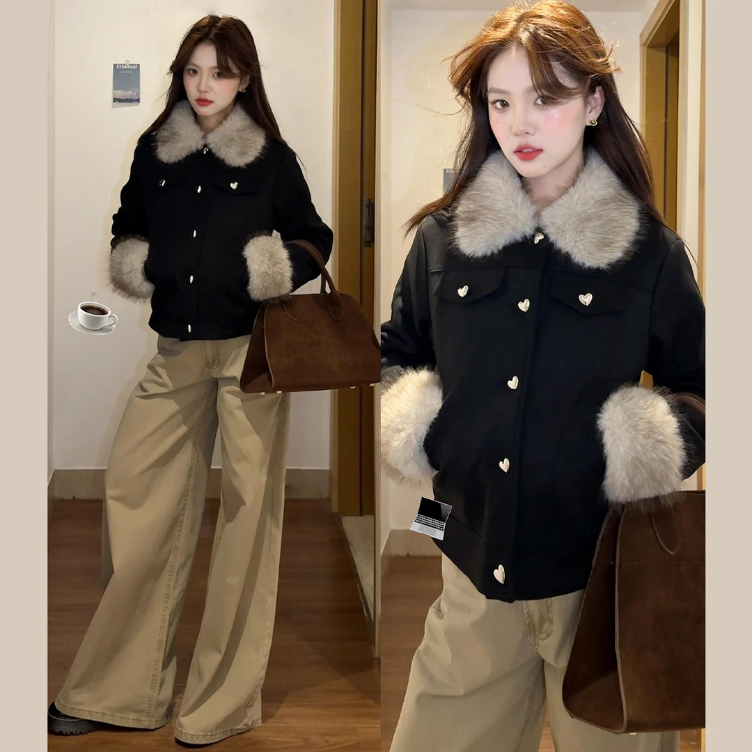 小香风仿羊羔毛绒短款外套女冬季2025新款加厚毛领上衣网红韩版