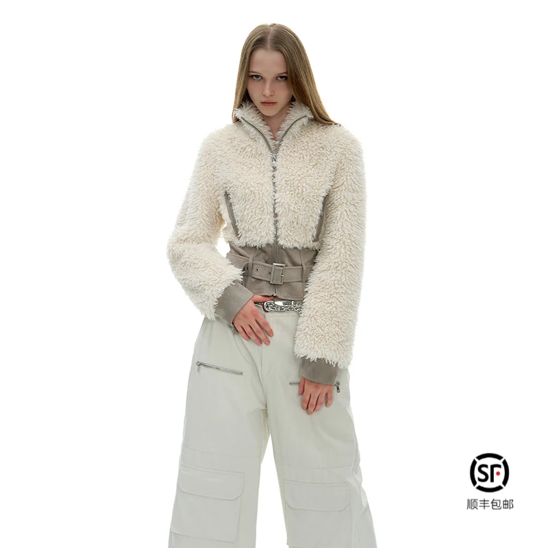 IMXS秋新款辣妹短款毛绒拼接收腰修身立领羊羔绒女外套上衣