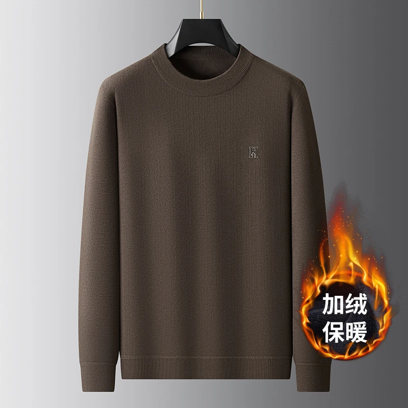 大码男装冬季含绵羊毛加绒厚款圆领针织打底加大加肥保暖内搭