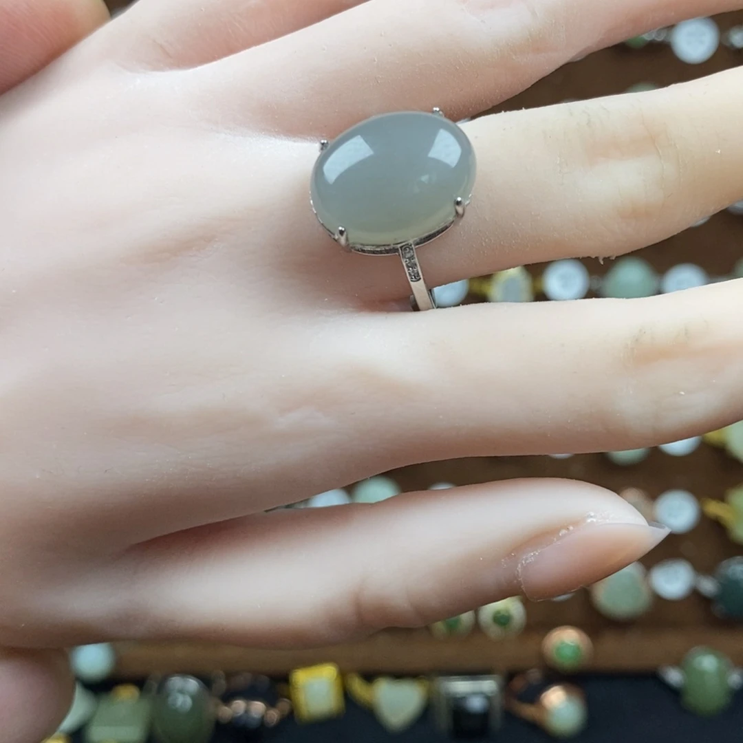 和田玉（青玉）戒指银S925镀金镶嵌