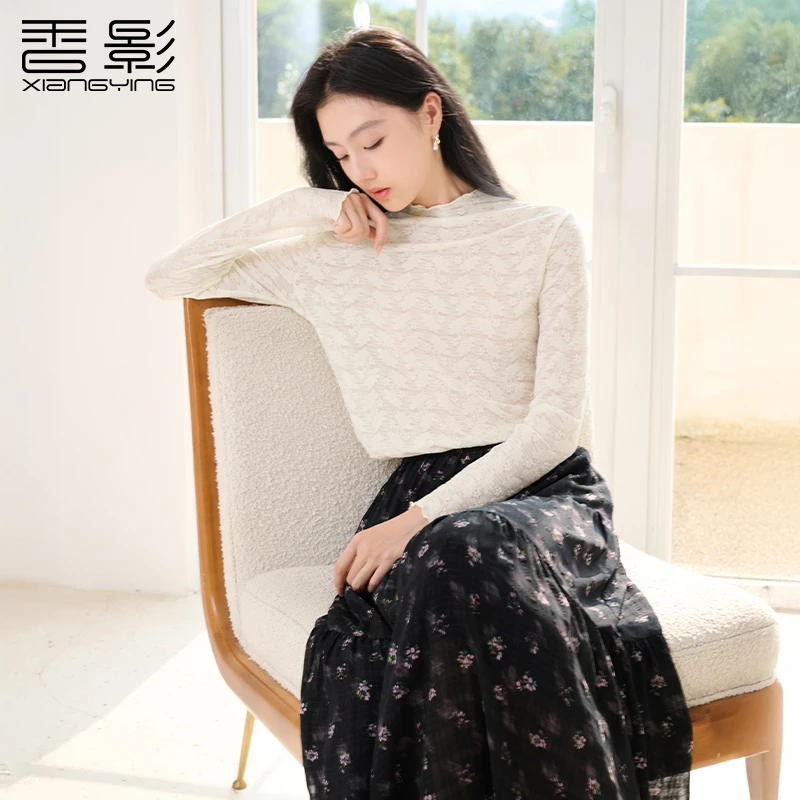 【籽言专属】T85A574毛针织衫香影半高领蕾丝衫上衣女秋季新款气