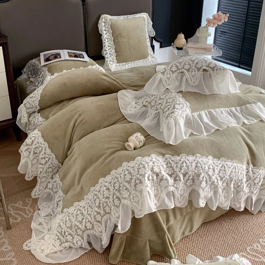 【法式高货】加厚婴儿绒定制款法式大花边牛奶绒四件套大床单大床盖