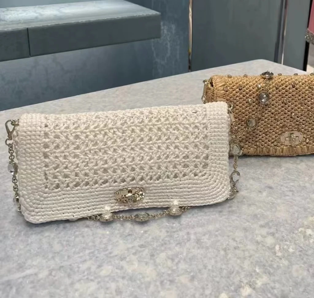 99新 MIU MIU/缪缪 白色宝石链条单肩包 27cm