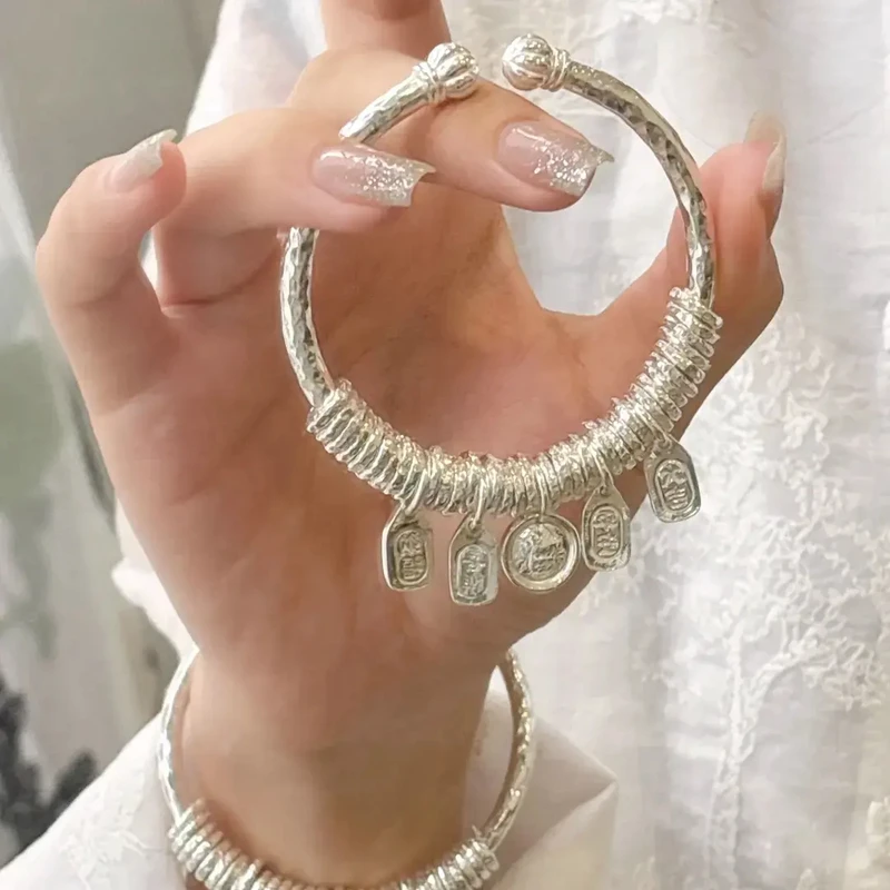 足银手镯 南瓜锤纹盘缠手镯足银999纯手工开口实心情人节送女朋友