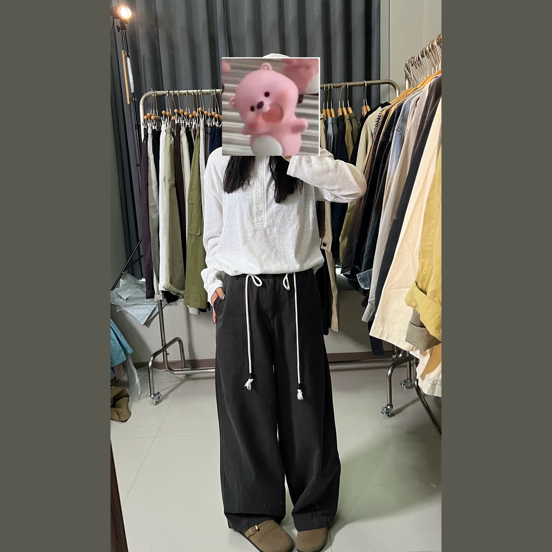 秋季新款阔腿宽松休闲垂感抽绳慵懒风拖地裤