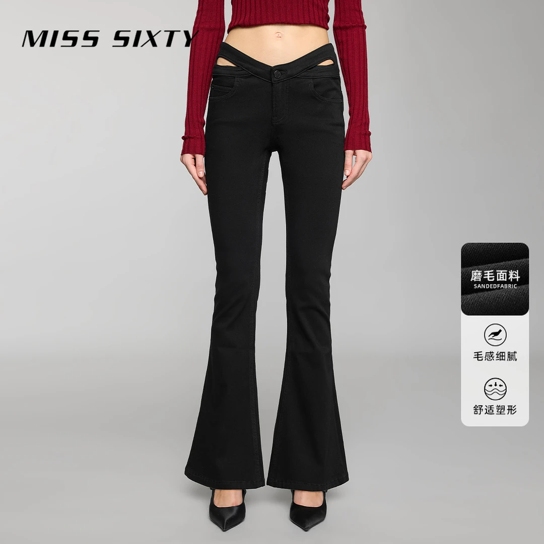 Miss Sixty牛仔裤冬季女性感蝴蝶腰镂空四面弹显瘦磨毛微喇裤