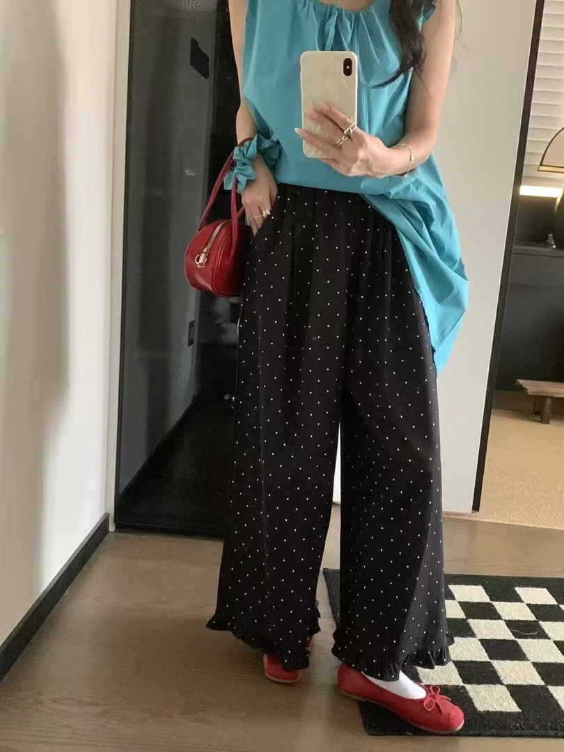 韩系波点木耳边拼接九分裤女2025夏季新款宽松阔腿裤休闲百搭长裤