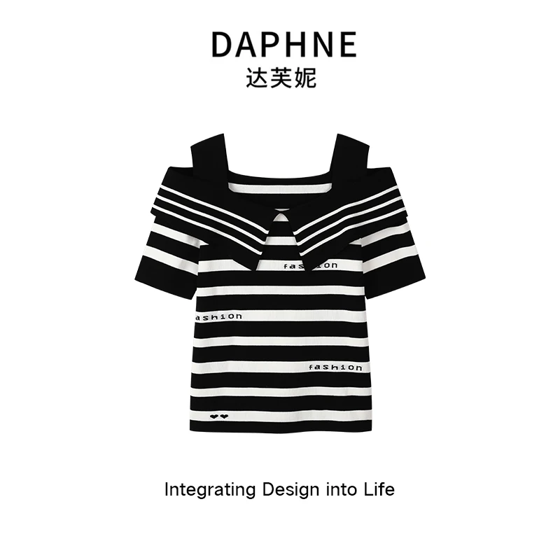 Daphne/达芙妮 时尚百搭条纹设计感一字领显瘦针织上衣1123