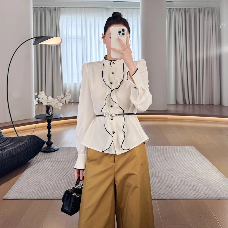 【月光奏鸣】法式时尚白色衬衫秋荷叶边上衣LZ1428