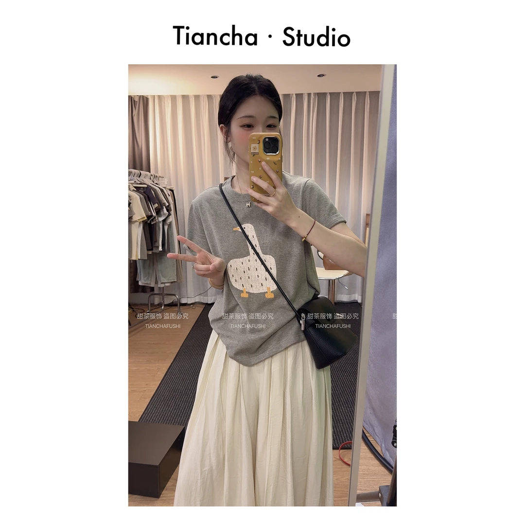 sweet c【大胖鹅】M357#2025夏季韩版ins风正肩短袖T恤女可爱百搭