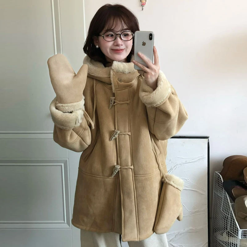 羊羔毛皮毛一体连帽外套女2025冬新款加厚仿皮草韩版配手套外套