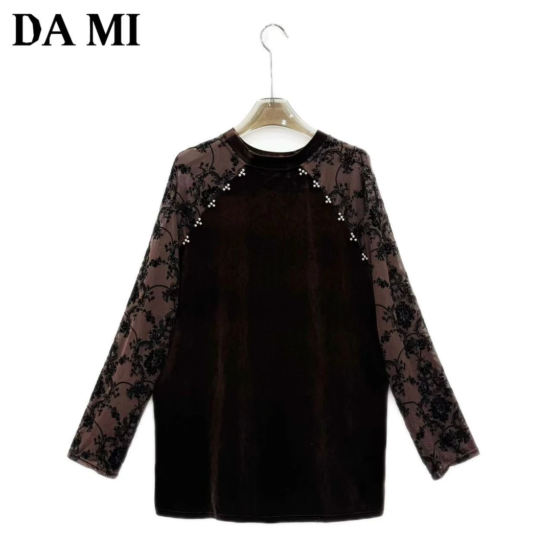 【大蜜】3108#秋季长袖网纱植绒拼接丝绒手工钉珠宽松显瘦女装上衣