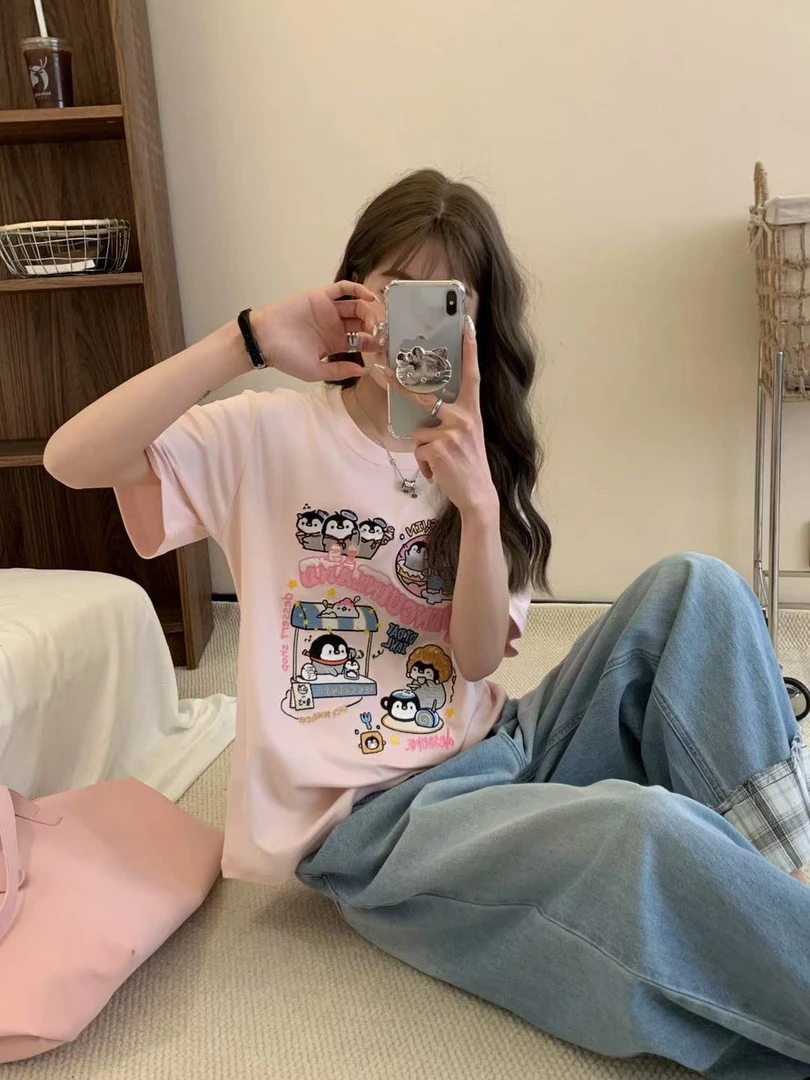 T605#DT家夏季新款重工刺绣牛角包企鹅短袖