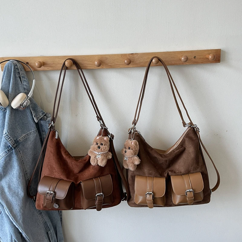 复古风双根托特包纯色拉链单肩包腋下单肩斜跨潮流