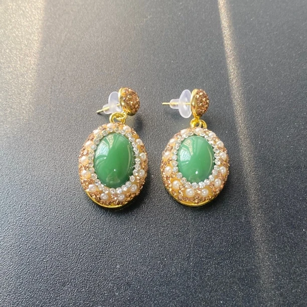 铜合金合成锆石耳饰 TTSD 绿色蛋面轻奢设计款耳饰 1520