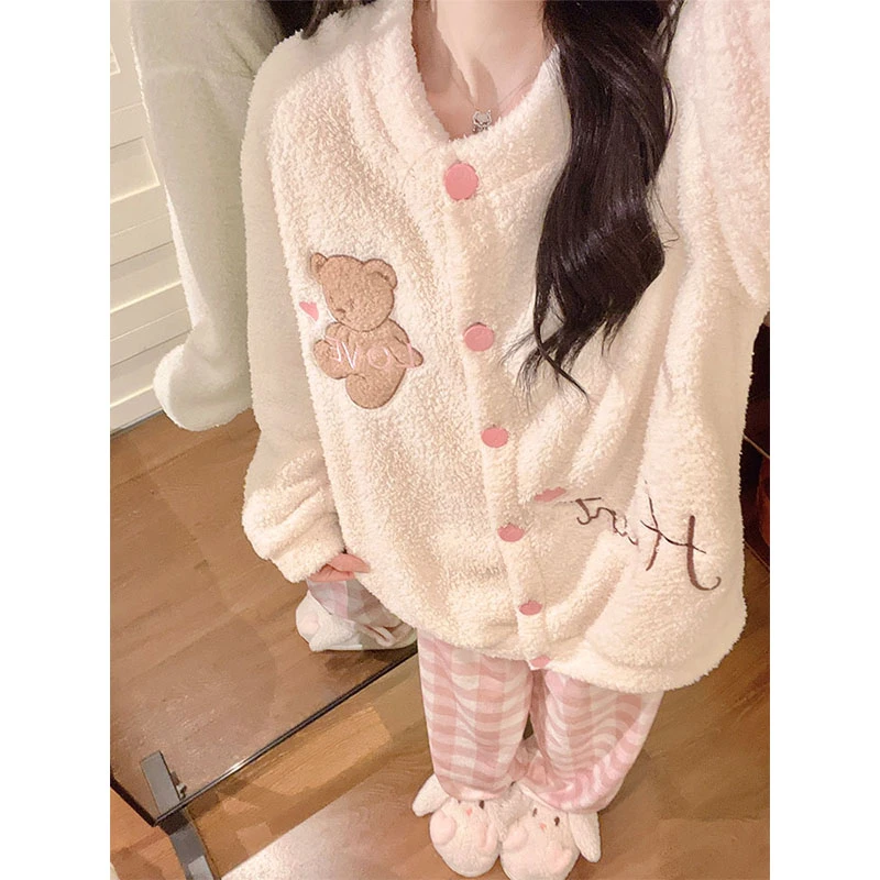 甜美风小熊保暖睡衣女款秋冬季爆款半边绒少女学生加厚家居服套装
