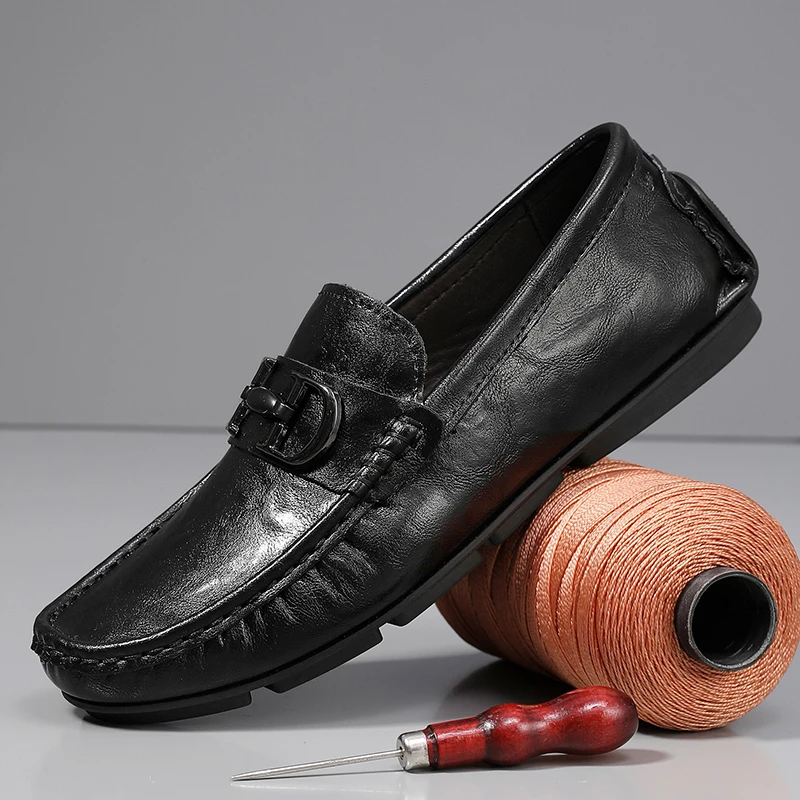 白小强新款男士豆豆鞋一脚蹬皮鞋商务时尚百搭乐福鞋真皮开车鞋