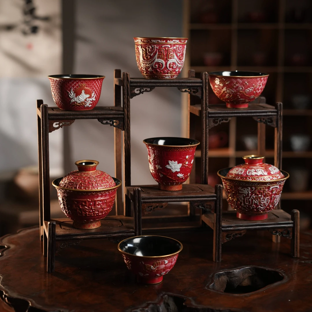 仿漆雕花茶具套装复古品茗杯陶瓷盖碗家用办公功夫茶杯小师姐评茶