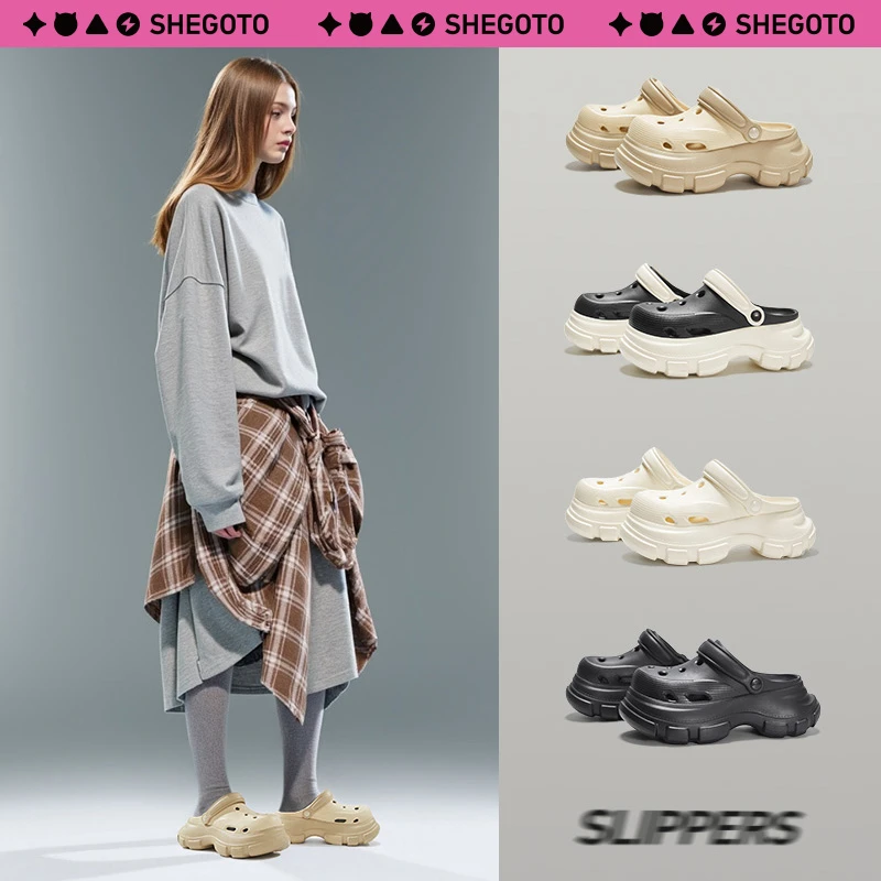 SHEGOTO撞色外穿6cm增高轮胎底运动ins洞洞鞋情侣厚底百搭防撞夏
