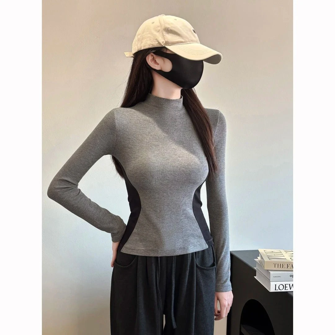 秋冬季纯欲风修身拼色显瘦长袖T恤女半高领上衣内搭气质打底衫潮