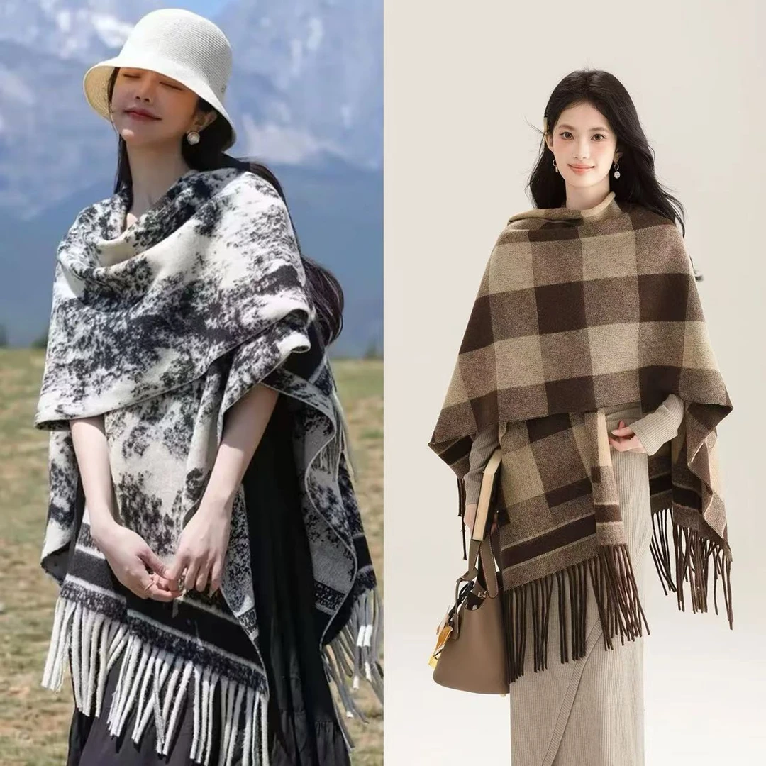 新款加厚时尚女国风披肩长款