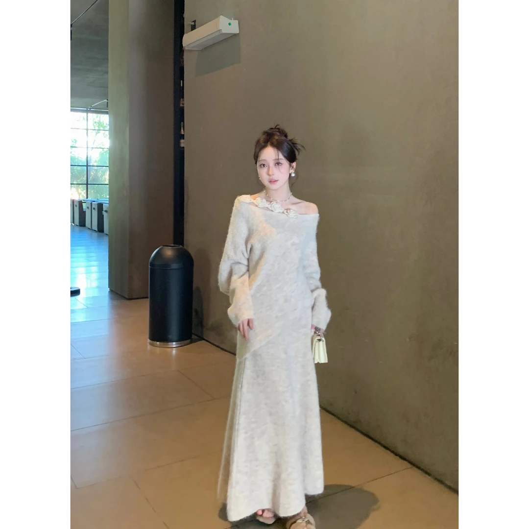 【星仔专属】9099花朵韩系一字肩时尚穿搭毛衣女法式气质高级感套装