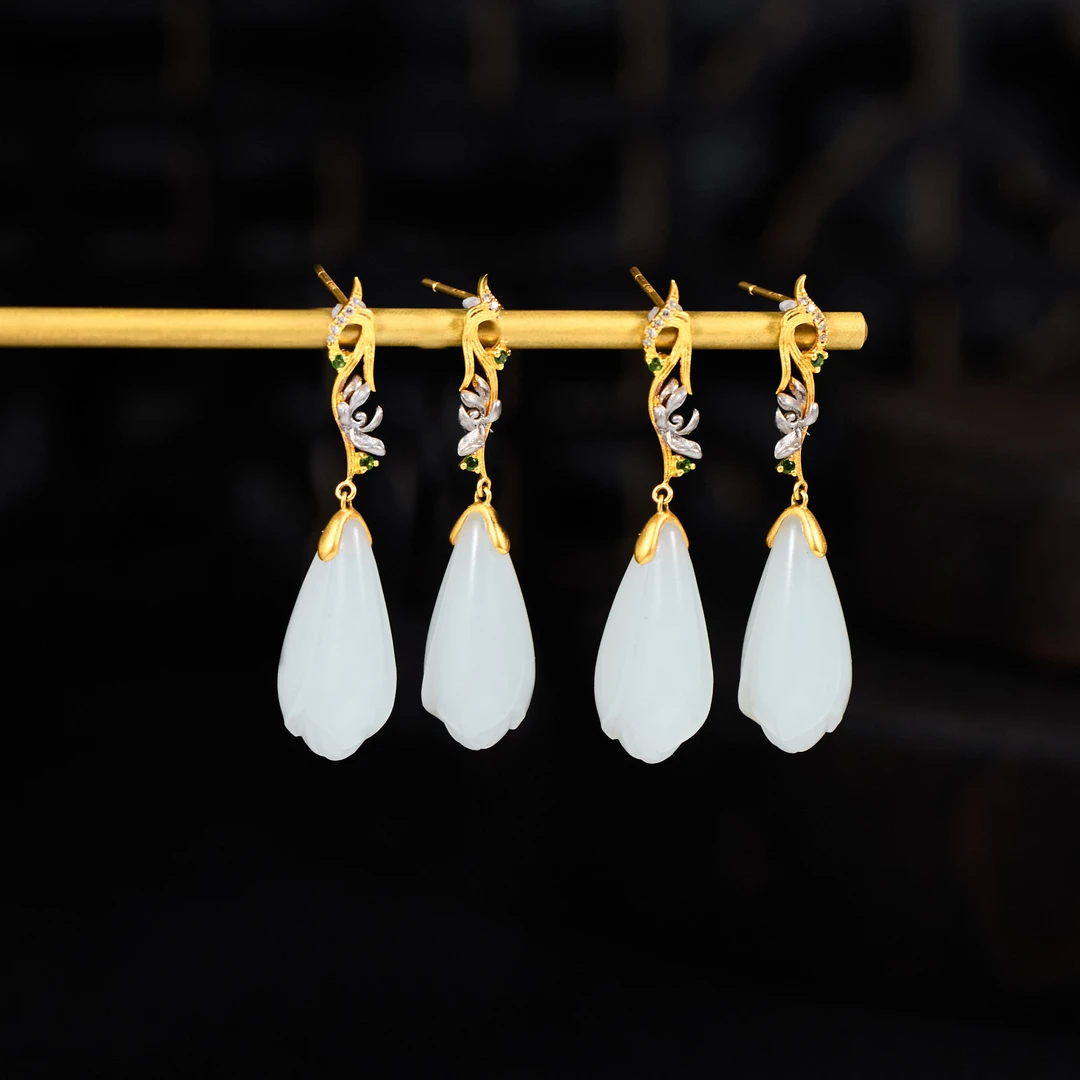 【歪歪】玉兰花*白玉耳饰*18K金镶嵌（多样性发一）XB-H6482