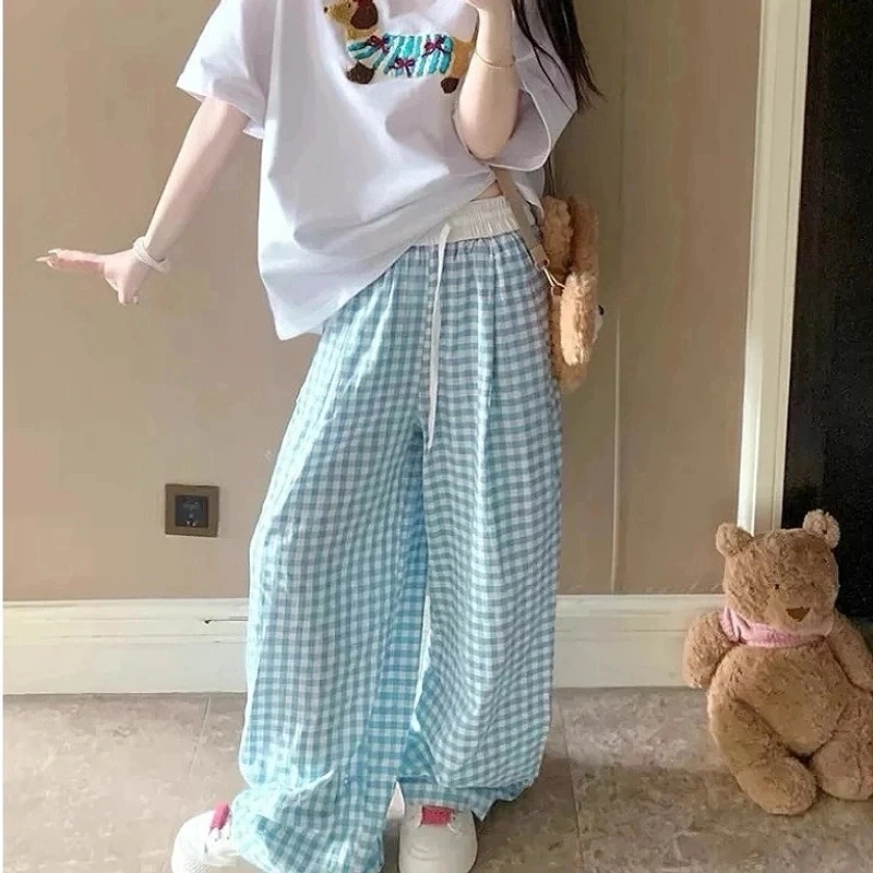 【运补6-10】粉白撞色格子裤女显瘦宽松抽绳休闲ins高腰垂感拖地裤