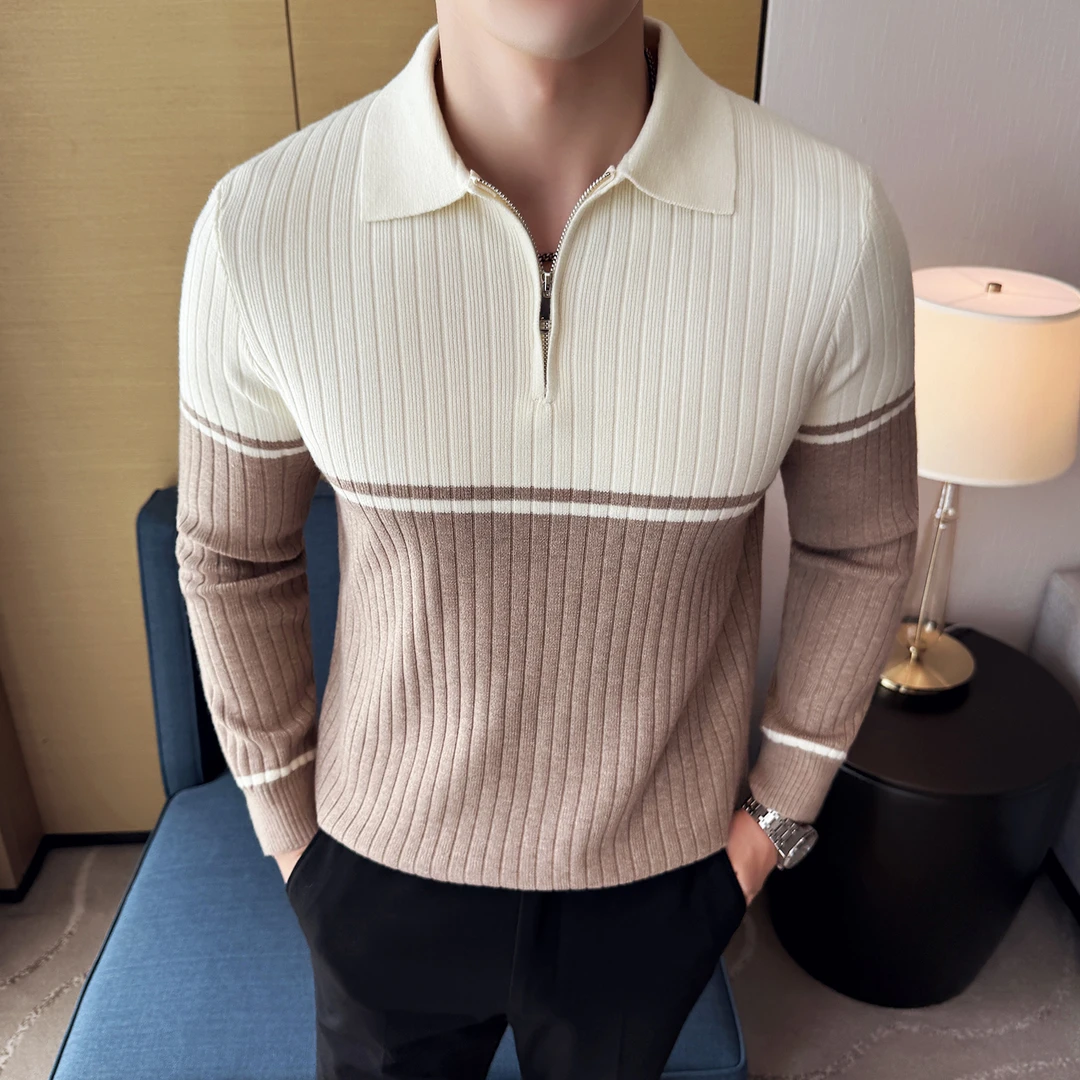 男士秋冬翻领毛衣潮流POLO领毛衣撞色拼针织衫