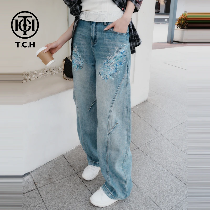 TCH私服烫钻春夏季翅膀弯刀裤子扎染牛仔裤女T75A20E5002A轻奢tch