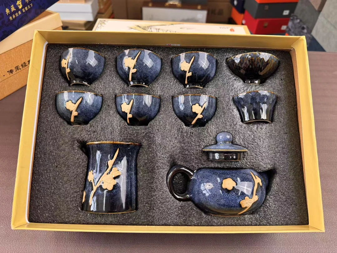 A136 钧窑窑变梅花复古功夫茶具套装十头整套陶瓷商务开业礼品