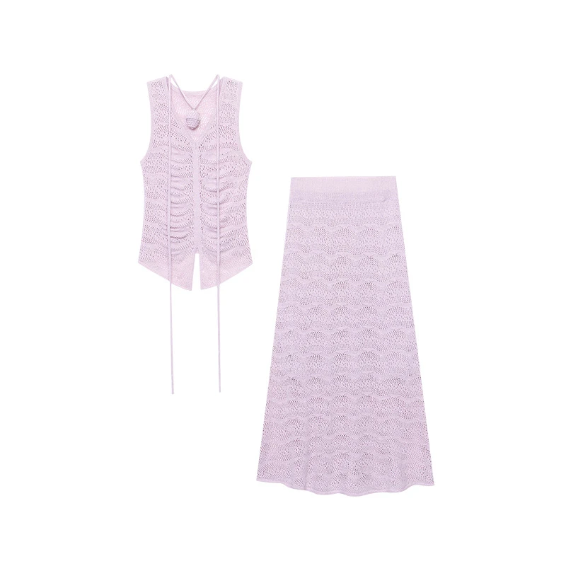 LUZHAN 温柔邂逅 度假风褶皱感镂空V领针织背心半身裙套装