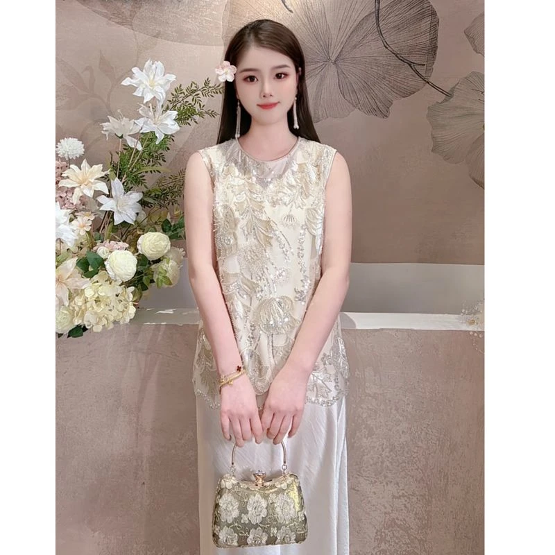 【流金半夏】2025新款春季马甲新中式宽松圆领重工绣花亮片上衣马夹