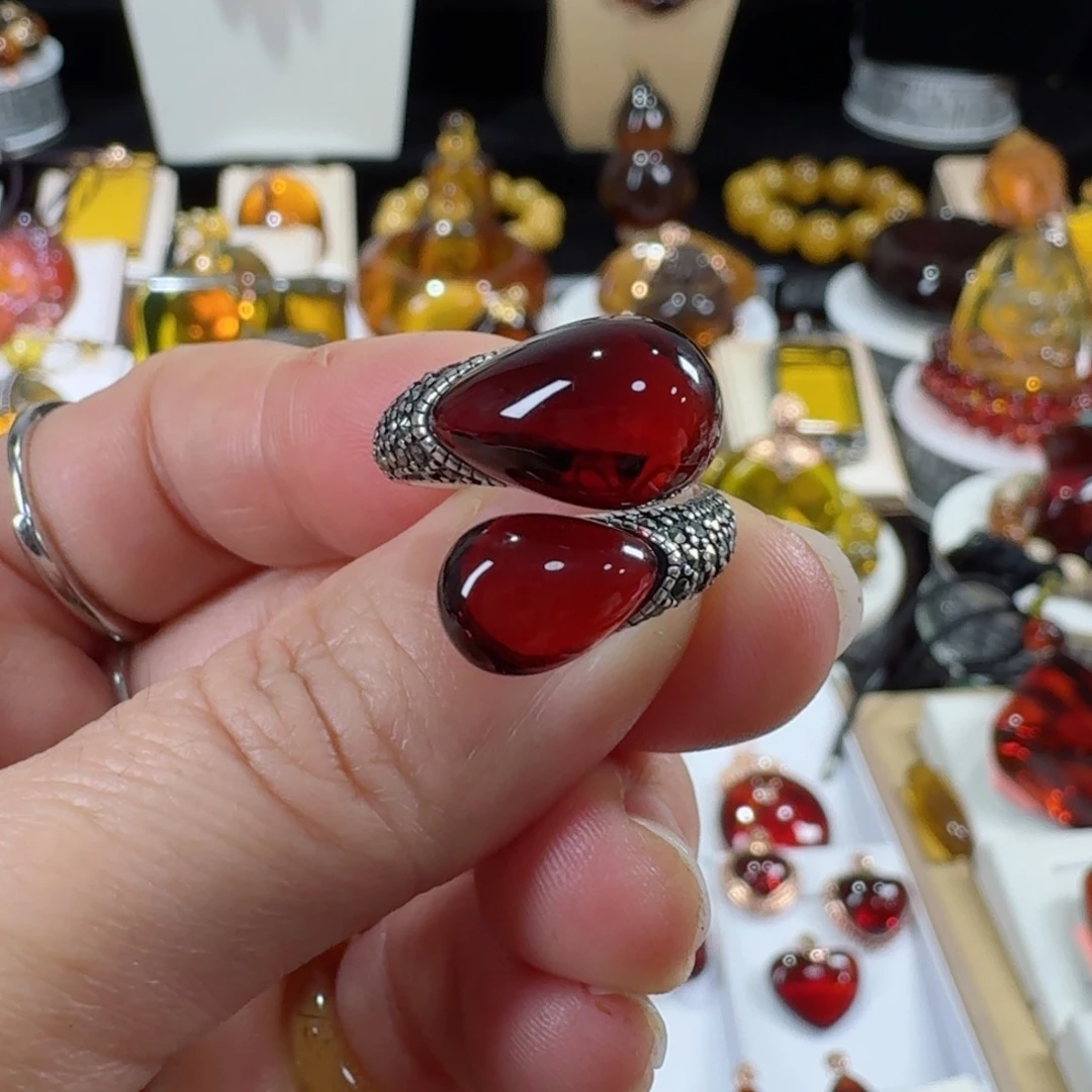 琥珀琥珀画银S925镶嵌秋**雨