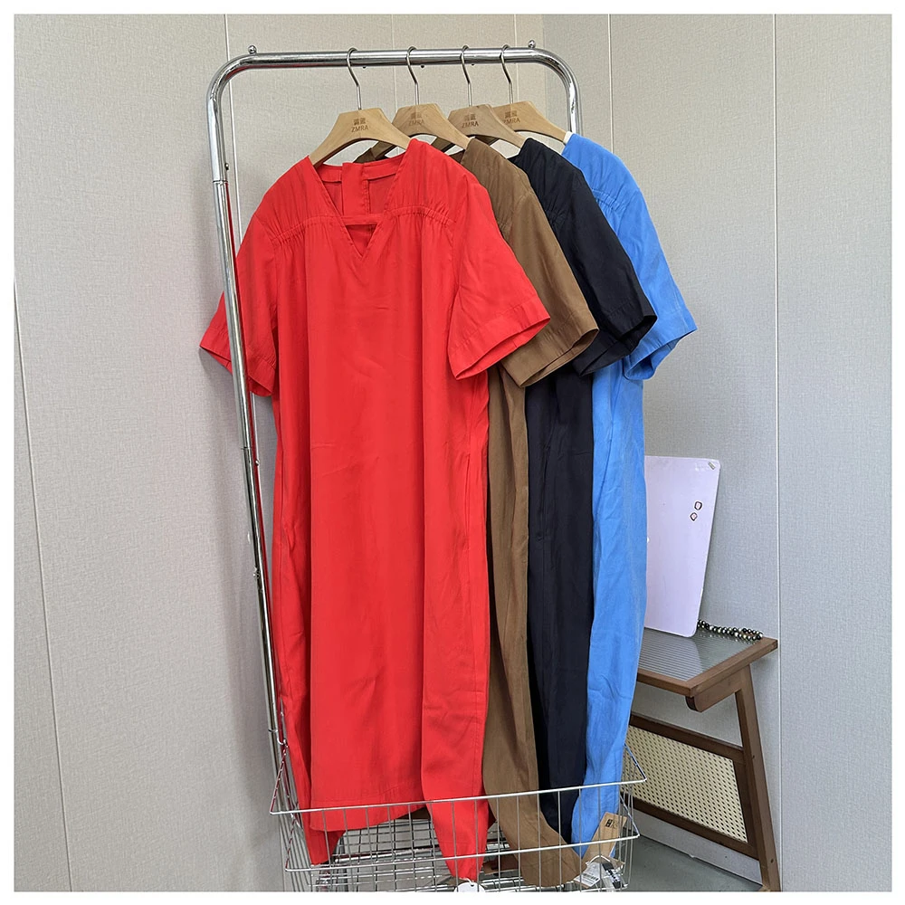 2Q022 夏季新款纯色宽松中长款V领短袖连衣裙女